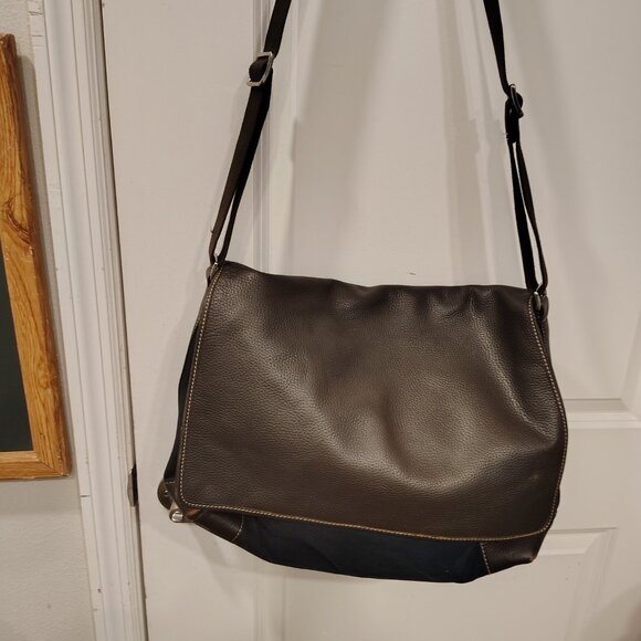 Lambertson Truex crossbody briefcase bag navy blue canvas or cotton and brown le - Picture 3 of 12